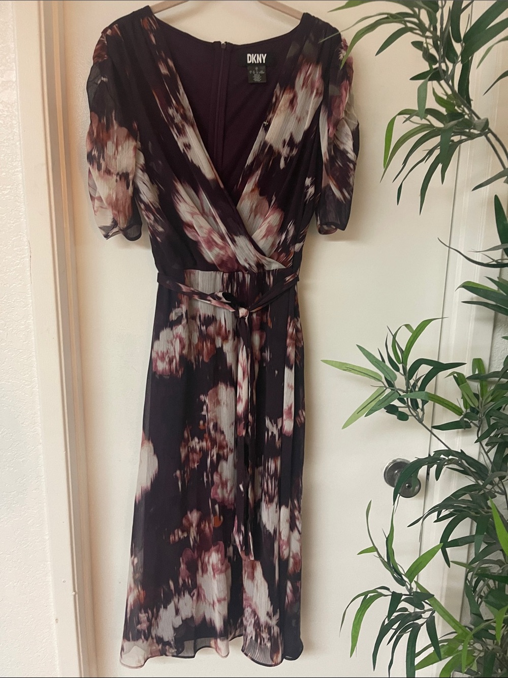 DKNY Black Floral Midi Wrap Dress with Mauve & Cream Accents
